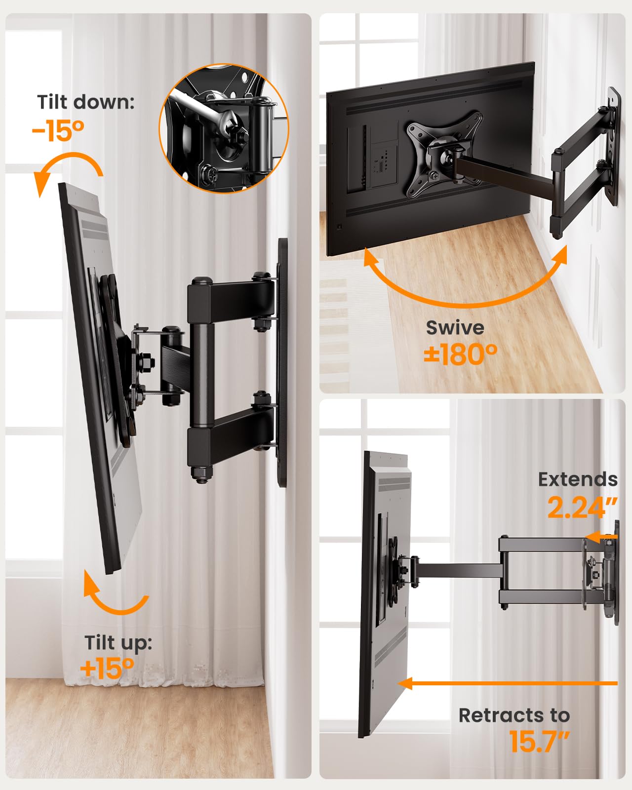 Full Motion TV Monitor Wall Mount Bracket for Most 13-32 Inch LED LCD Flat Curved Screen, 360° Rotation Swivel Tilt Extension，Adjustable Articulating Arms, Max VESA 100x100mm up to 33lbs
