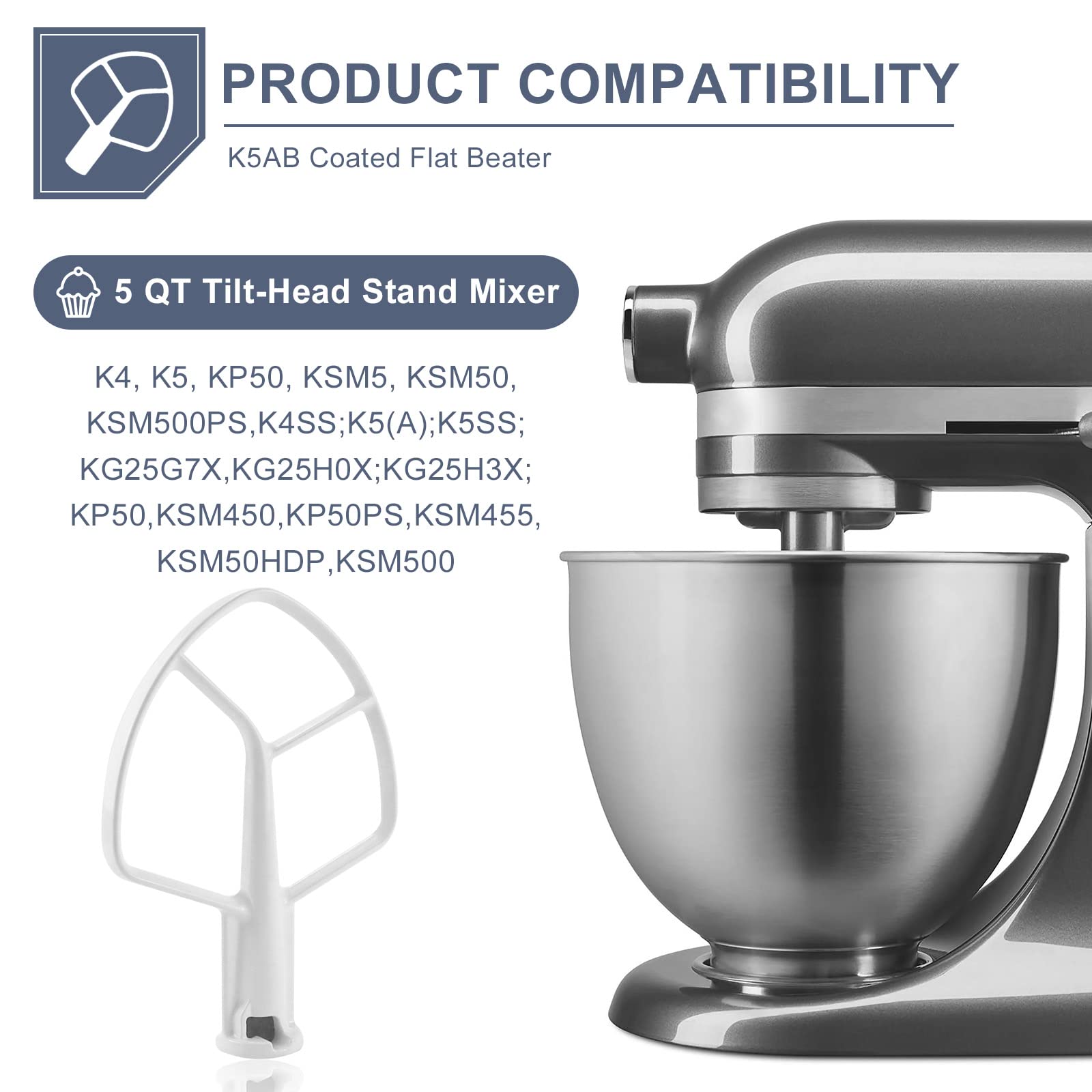 K5AB K5SS Flat Beater Replacement/K5AB K5SS Coated Flat Beater for 5-Qt Bowl-Lift Stand Mixers of 9707670 W10807813 PS983355 AP3881259 Mixer Beaters Replacement,Fit Model KSM50 KSM5 KSM450 by Sikawai
