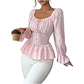 GORGLITTER Women's Floral Ruched Bust Peplum Top Ruffle Long Sleeve Tie Front Square Neck Cute Babydoll Blouse 2026