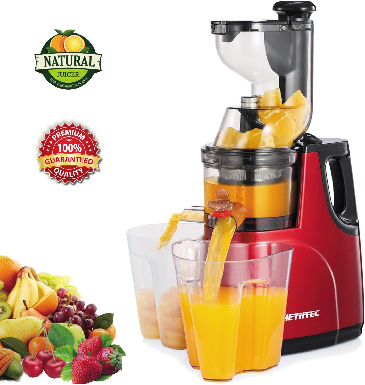 Masticating Juicer Machines, Hethtec Cold Press Juice Extractor with Large Dual-Chute and Clean Brush for Fruits and Vegetables, High Yield, BPA-Free, 60R/M, 150W