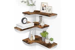 Homode Corner Floating Shelves, Corner Shelves Wall Mounted with Cord Hole, Set of 3 L Shape Wood Wall Storage Shelves for Living Room Bedroom Bathroom Kitchen, Rustic Brown