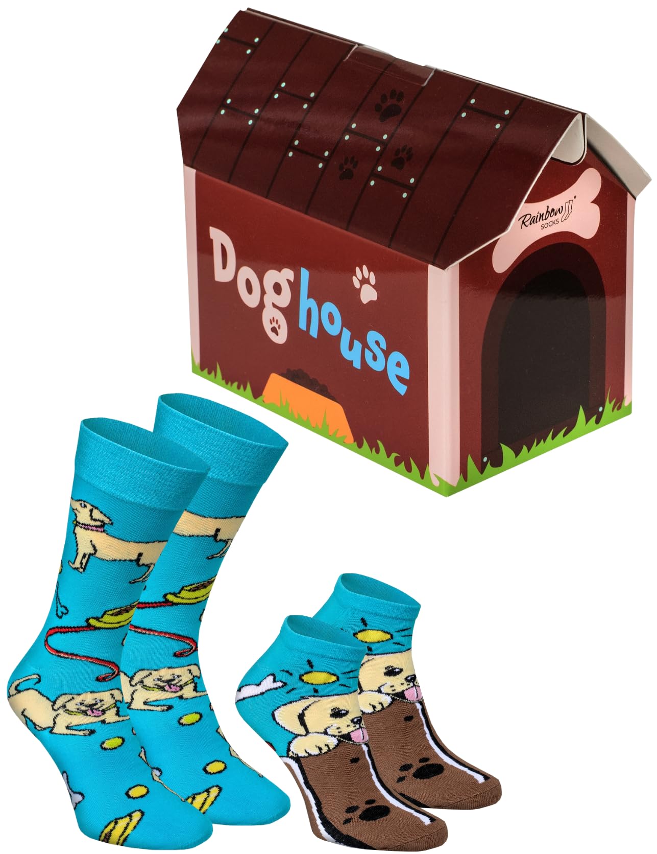 Rainbow Socks - Women Men Colourful Funny Socks with a Dog motif - Novelty Gift for Girls Teenagers and Fans of Dogs and Animals - 2 Pairs - Size UK 4-7 EU 36-40