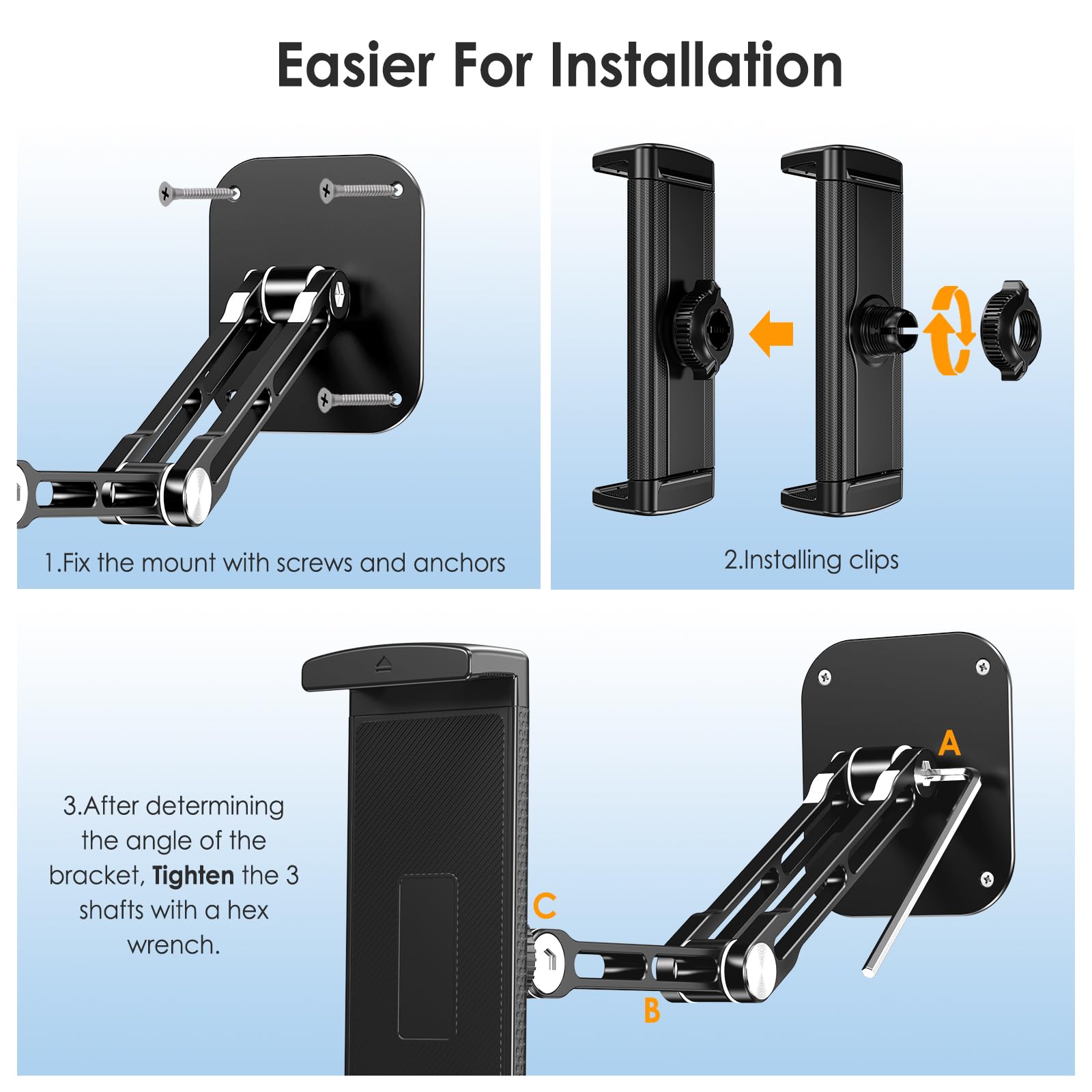 Tablet Wall Mount Holder, Aluminium Extendable iPad Wall Holder, with 360°Rotating Base Adjustable and Foldable for iPad Pro Air Mini, Galaxy Tab, All 4.7-13