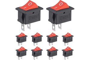 VEXUNGA 10pcs Mini Rocker Switch On Off 2 Pin Boat Rocker Switch 10A 125V 6A 250V AC KCD1 Red Snap-in SPST Toggle Switches Sq