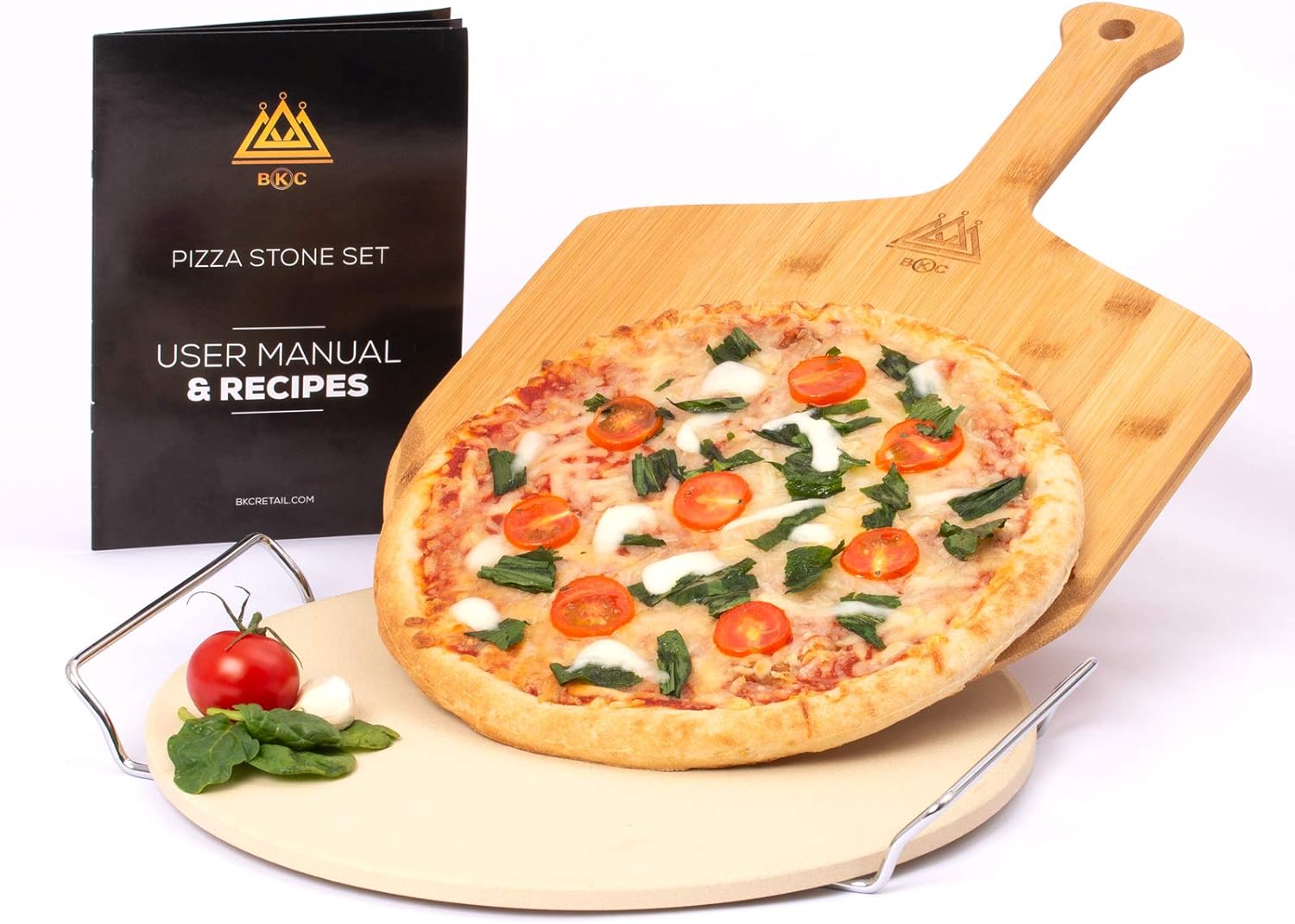 BKC Pizza Stone for Oven or BBQ Large Round Baking Stone with Wooden