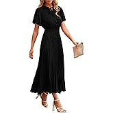 PRETTYGARDEN Womens Summer Midi Dresses Puff Short Sleeve V Neck Swiss Dot Pleated A Line Flowy Long Wedding Guest Dress