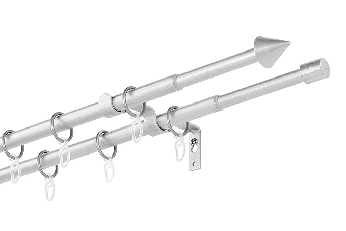 Dekobase® Ausziehbare Gardinenstange 2 Lauf, Stilgarnitur Siri komplett Set zum sofortigen Montieren, 13/16 mm Ø, Silber, 130