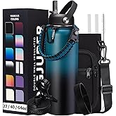 DIGJUPER Vacuum Insulated Water Bottle 40oz - with Straw & Spout Lids, Paracord Handle, Shoulder Carrier Bag, Sport Stainless Steel,Double-Wall Metal Water Bottle Thermo Hydro Mug Flask