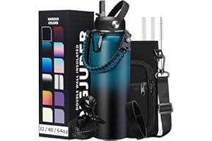 DIGJUPER Vacuum Insulated Water Bottle 40oz - with Straw & Spout Lids, Paracord Handle, Shoulder Carrier Bag, Sport Stainless Steel,Double-Wall Metal Water Bottle Thermo Hydro Mug Flask