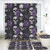 EENSYWEENSY Gothic Skull Bathroom Set, 4-Piece with Shower Curtain 71x71, Bath Mat, Contour Rug, Toilet Lid Cover, Purple Roses Skull Pattern(Purple 2)