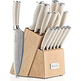 Sunnecko Knife Set with Block and Sharpener, 15 Piece Kitchen Knife Block Set Sharp Kitchen Knives High Carbon Stainless Steel with White Handles
