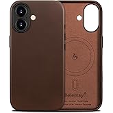 Belemay Handcrafted Full-Grain Vegetable-Tanned Leather Case for iPhone 17, Compatible with MagSafe, Classy Two-Tone Effect, Natural Patina, Camera Control Button, Metal Buttons (6.3") Bourbon Brown