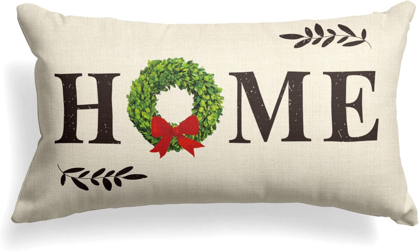 AVOIN Christmas Boxwood Wreath Throw Pillow Cover Home Quote, 12 x 20 Inch Winter Holiday Farmhouse Cushion Case Decoration for Sofa Couch