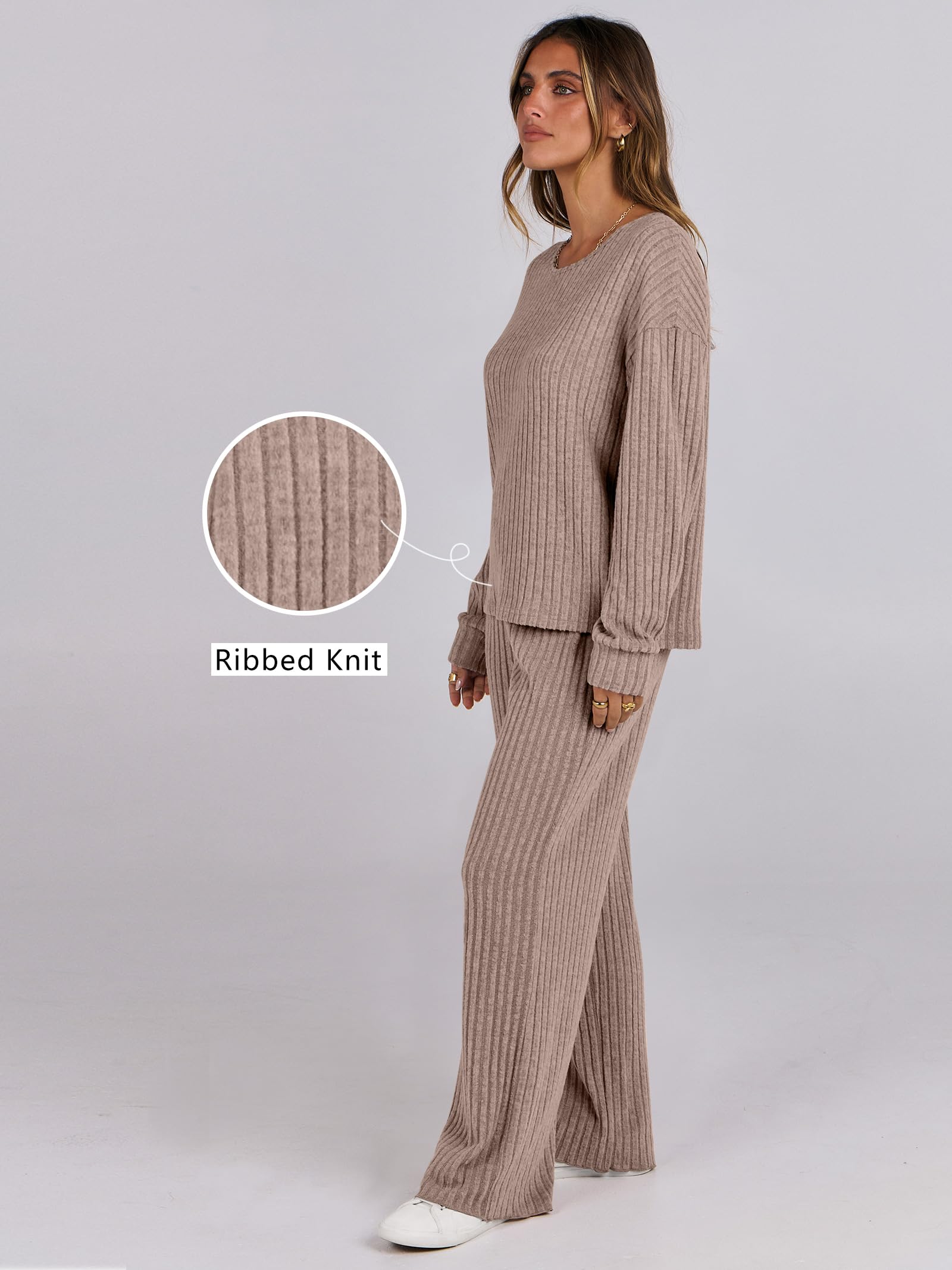 ANRABESS Women 2 Piece Lounge Pajamas Sets Casual Ribbed Knit Long Sleeve Top Pants Matching Set 2025 Fall Outfits Clothes Khaki Large - Image 3