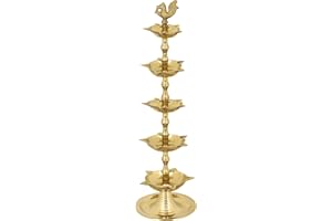 CRAFTSMAN SATVIK Standing Brass Kerala Samai Diwali Deepak for Puja Traditional Panchmahal Pooja Deepam Diya Oil Lamp Kutthu Vilakku Dia 5 in 1 Step Adjustable 11 inch Deepawali Indian Gift Item