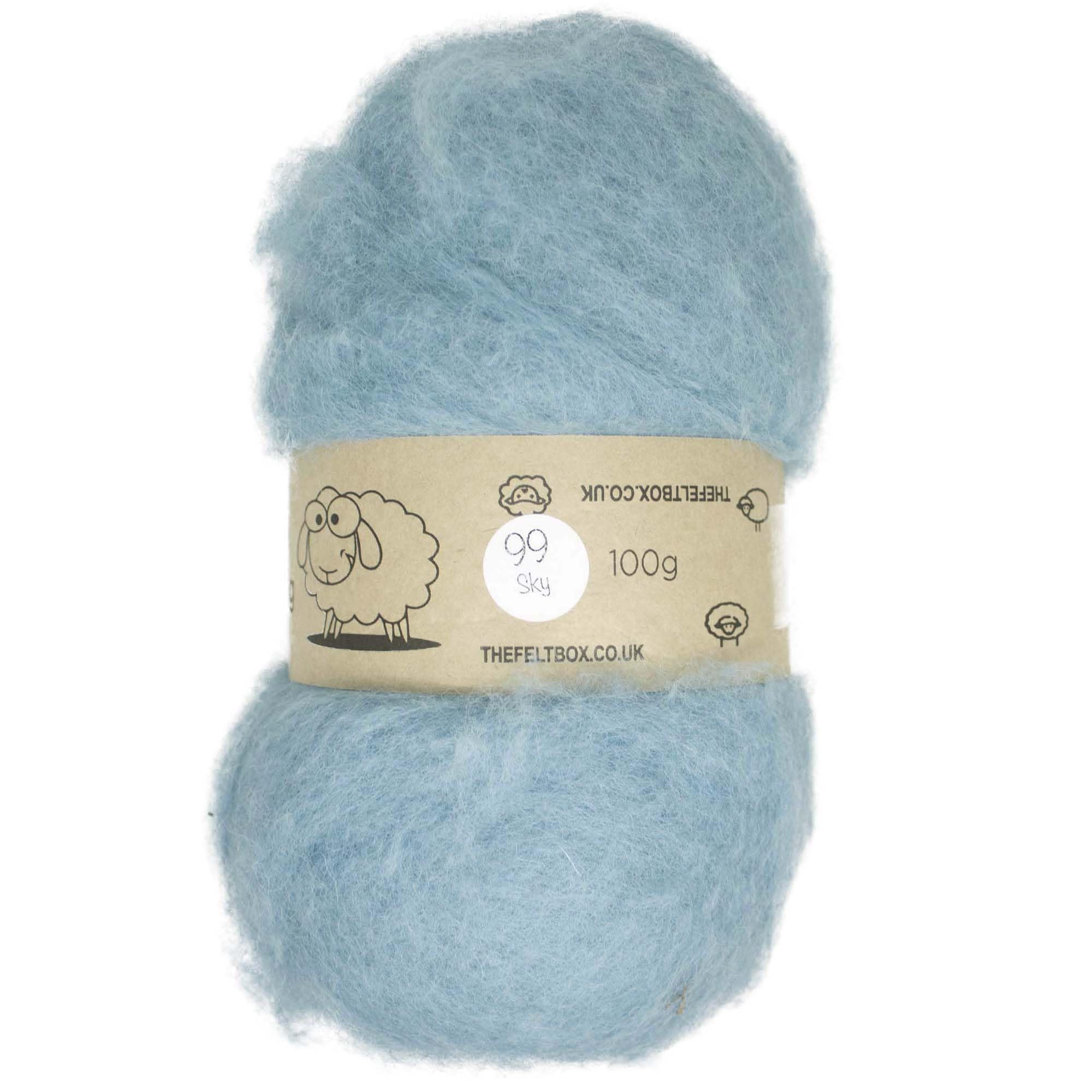 The Felt Box Needle Felting Wool 100g – Sky Blue Shade #99 – Carded Batt with Short Coarse Fibres (~27 Microns) – NZ Sheep Wool for Needle Felting Core & Finish Wet Felting Spinning & Crafts