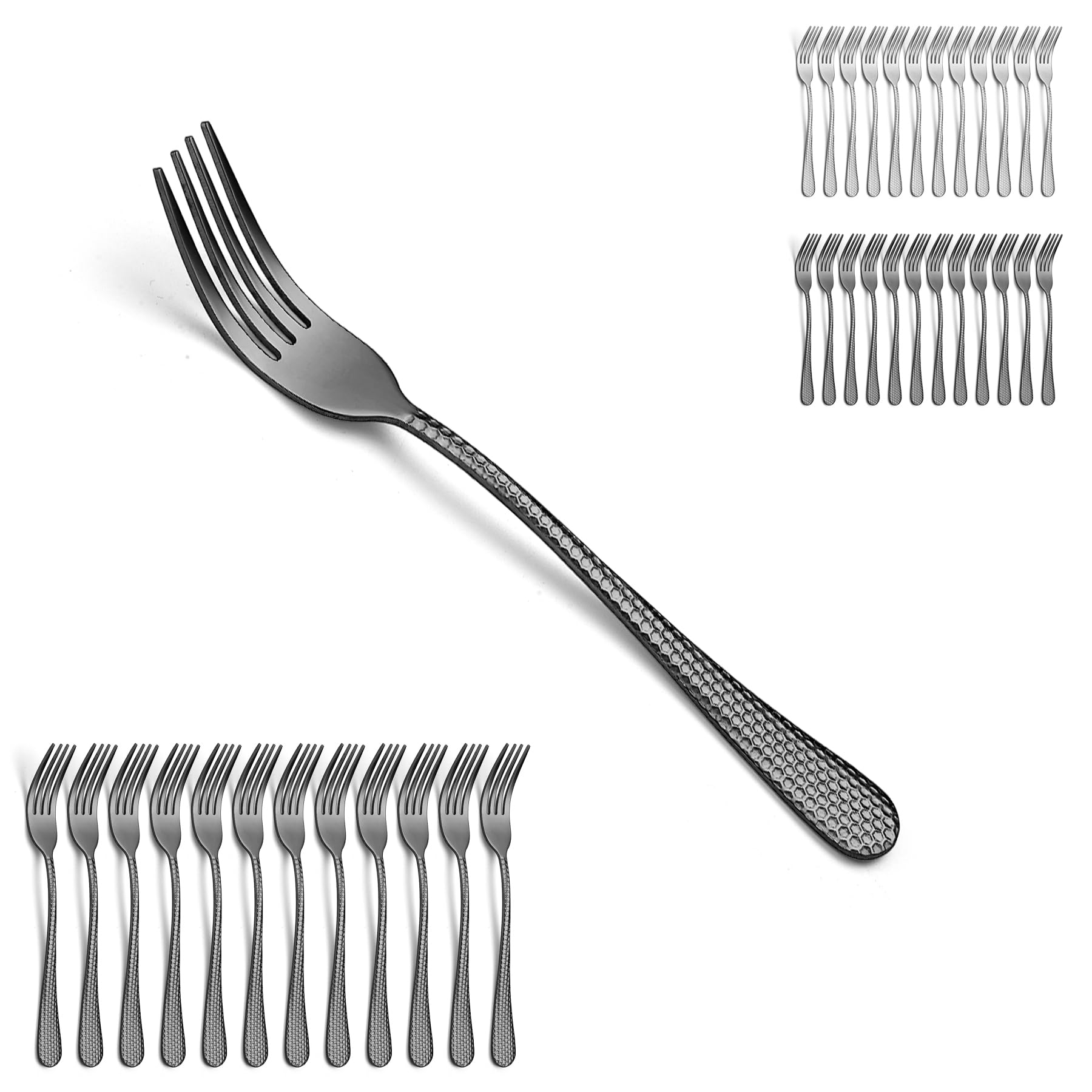 Evanda Black Dinner Forks 12 Pieces, Black Titanium Plated Stainless Steel 17cm Forks With Vintage Elegant Hammered Handles, Easy to Clean, Dishwasher Safe — image 1