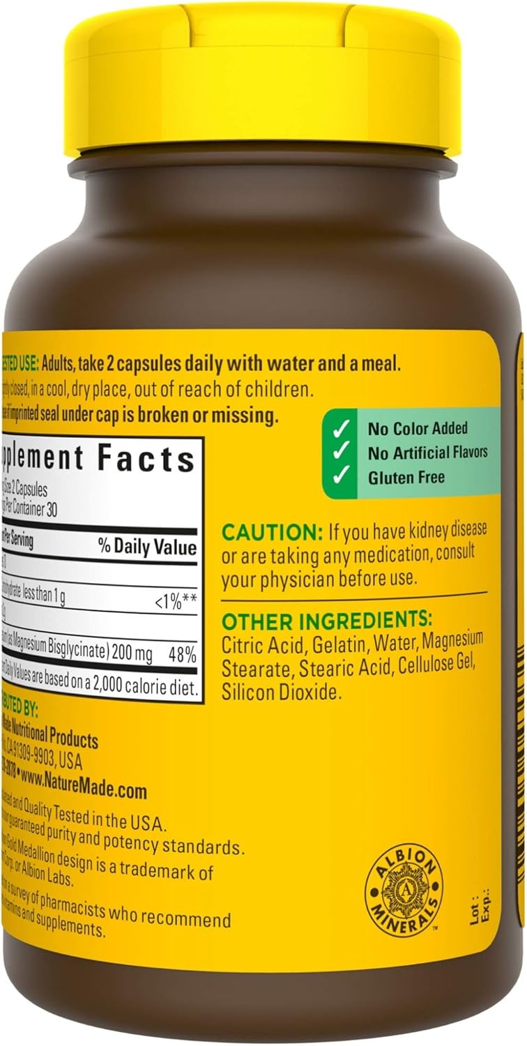 Nature Made High Absorption Magnesium Glycinate 200 mg, Supports Muscle Relaxation, Heart, Nerve, and Bone Health, Gentle on The Stomach, 100% Chelated, 60 Capsules: Health & Personal Care