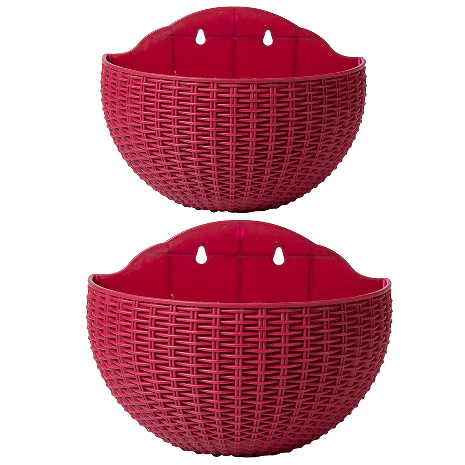 SENCC 2pcs Imitation Rattan Wall Hanging Flower Pot, Semicircle Hanging Plants Outdoor with Drainage Holes and Hooks, Plastic Garden Hanging Basket for Balcony Fence (Red Wine)