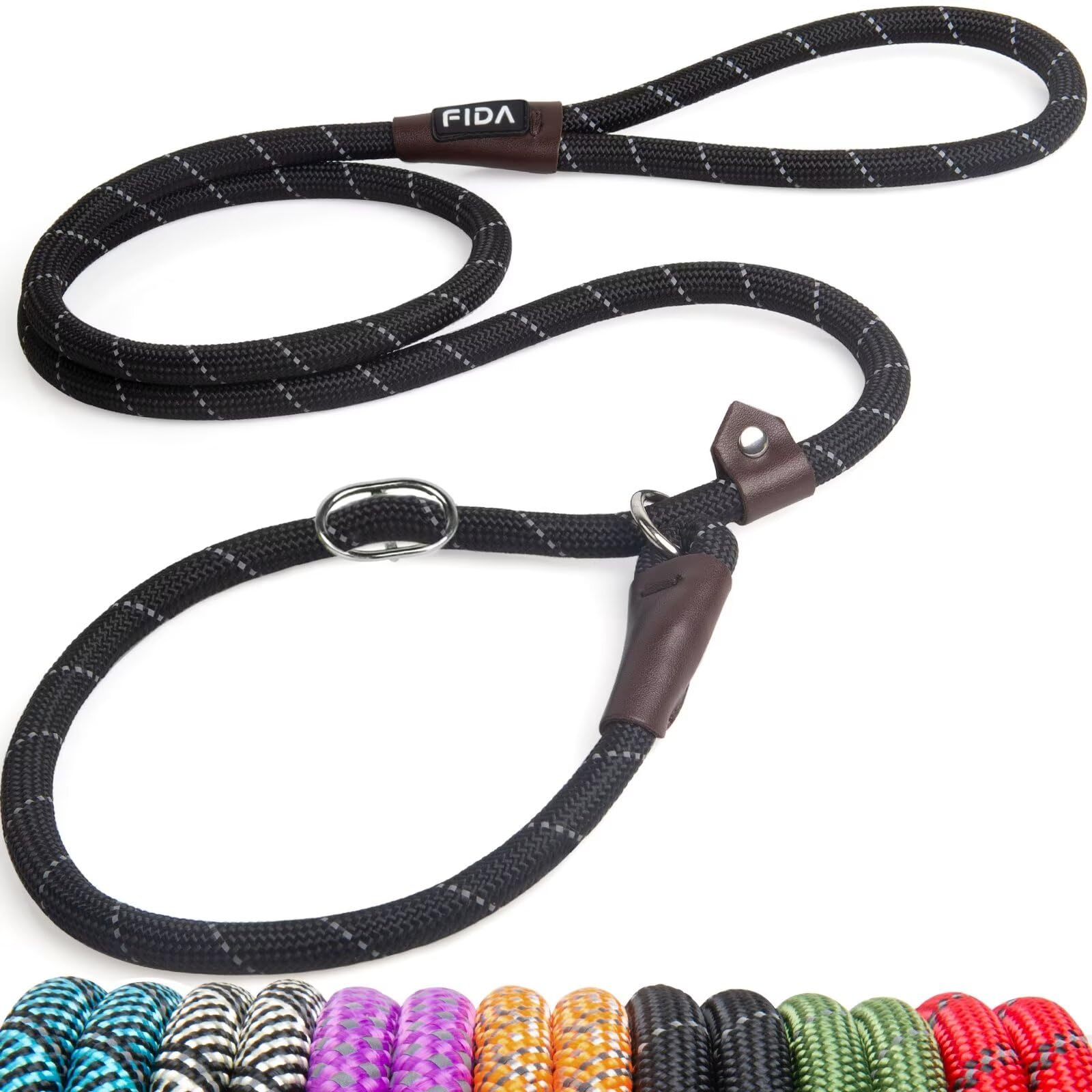 Fida Slip Lead for Dogs | 1.8m, One-Size-Fits-All, Slip-On Rope Leash. Easy to Slip On, No Collar or Harness Needed. Durable & Weather Resistant Climbers Rope with Reflective Stitching (Black/S)