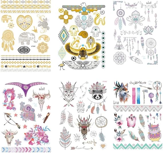 Freessom Kit De 6 Feuilles Tatouage Ephémère Temporaire Femme Boheme Tatoo étanche Métalliques Brillants Paillete Tatouages Autocollants Cadeau