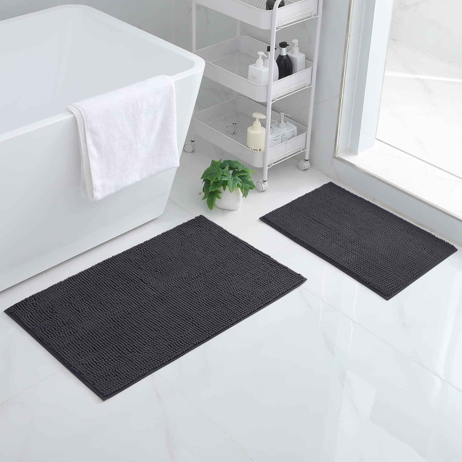 smiry Non Slip Chenille Bath Mat Set, Pack of 2, Extra Absorbent Soft Bathroom Mat Sets 2 Piece, Machine-Washable Quick Dry Bath Rug, 40 x 60 cm + 50 x 80 cm, Dark Grey