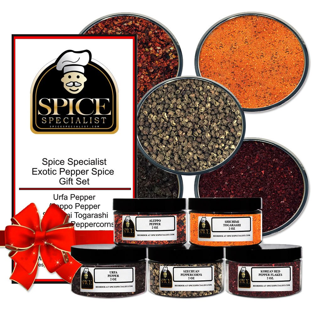 Exotic Peppers Spice Gift Set - Contains: 5 different spice jars (1 each of: Szechuan Peppercorns, Korean Red Pepper Flakes, Shichimi Togarashi, Urfa and Aleppo.)