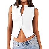 Relety Womens Crop Tank Tops Going Out Button Down Vest Seamless Ribbed Trendy Shirts Cute Sleeveless Summer Spring Y2K Cami