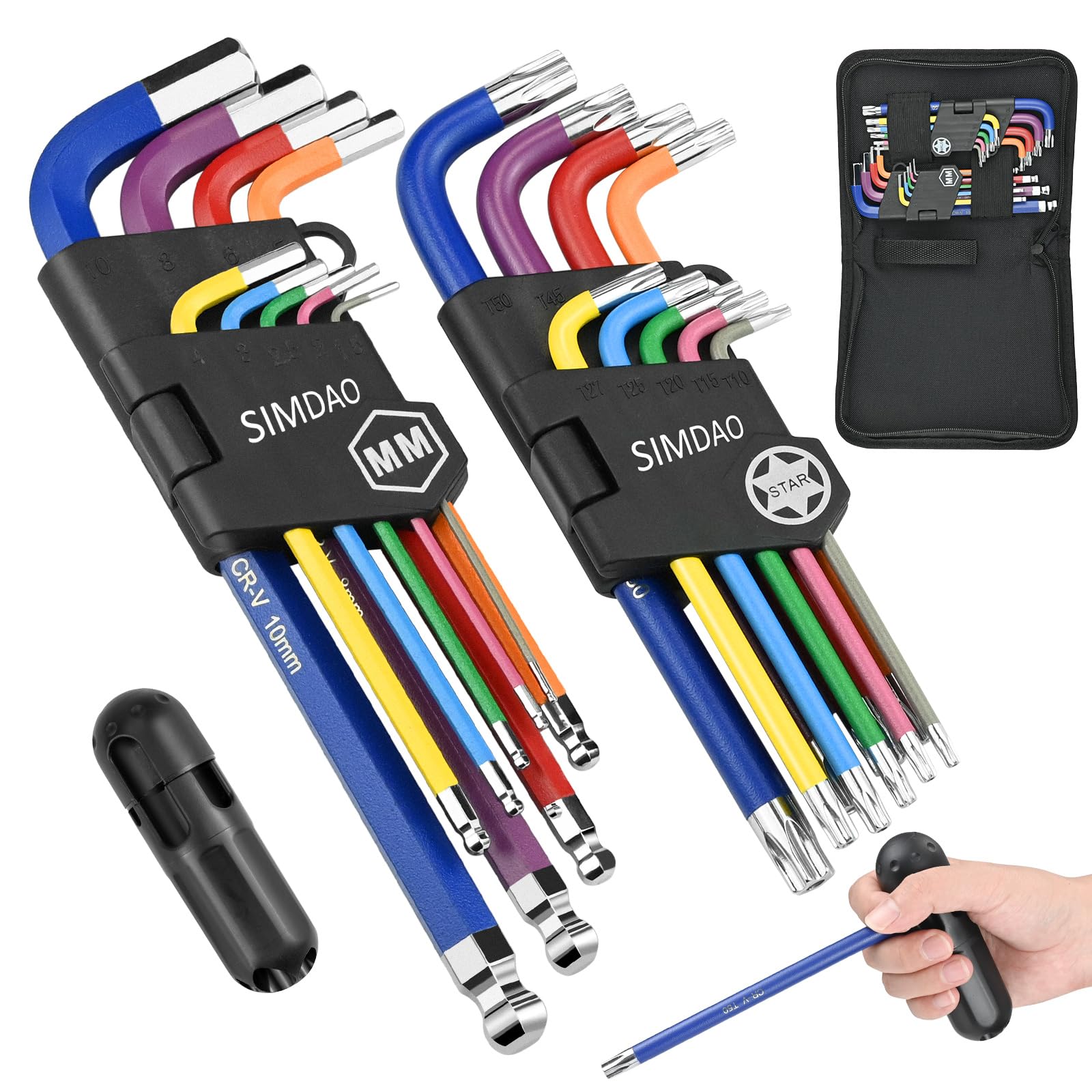 SIMDAO 18Pcs Metric Hex Key Set, Allen Key Set with Color Coding and Torque Handle 1.5-10mm, Anti-Slip Long Ball End Hex Wrench Set, for Disassembly and Maintenance of Mechanical Equipment Vehicles