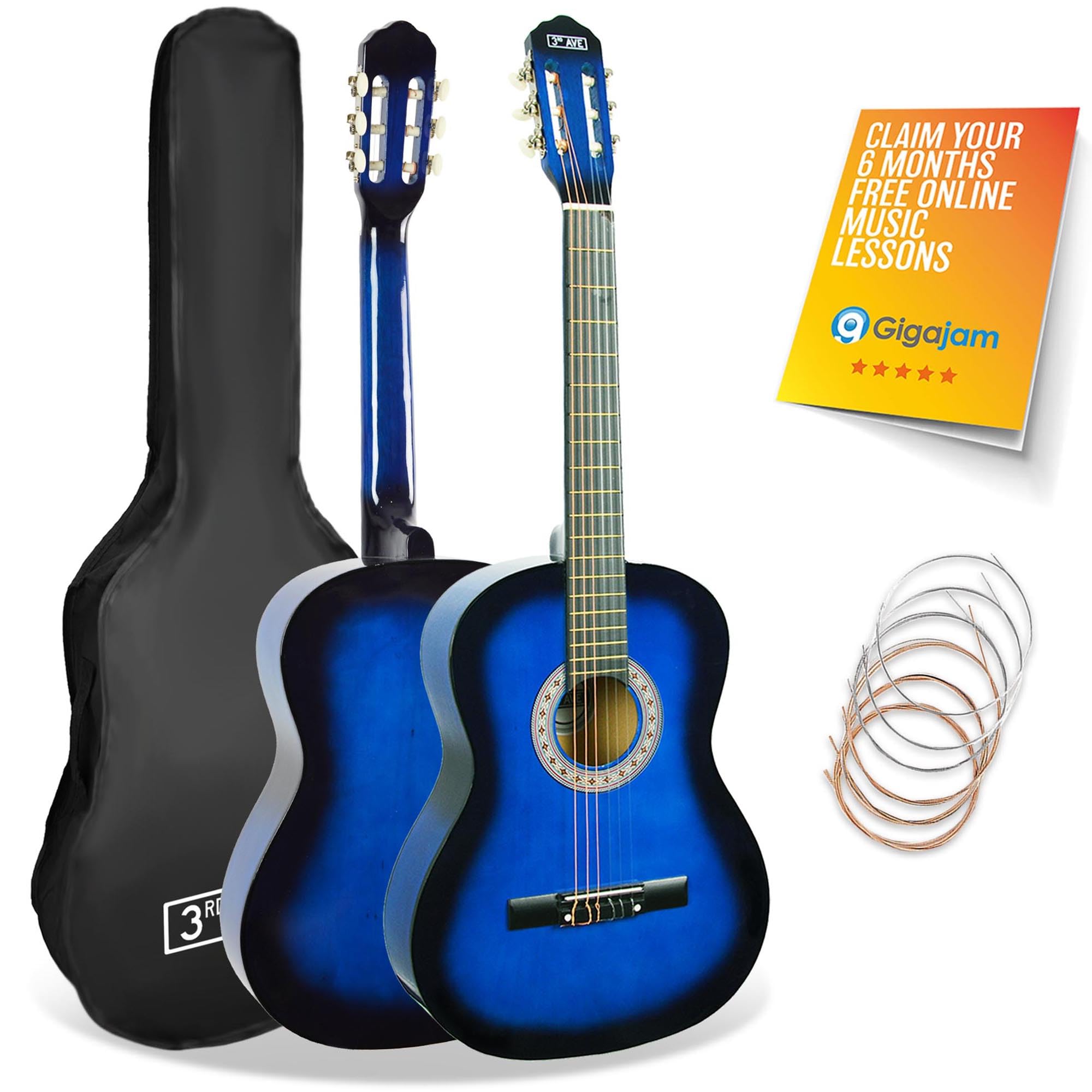 3rd Avenue 3/4 Size Kids Classical Guitar Spanish Nylon String Beginner Pack Bundle - 6 Months FREE Lessons, Bag, Strings – Blue