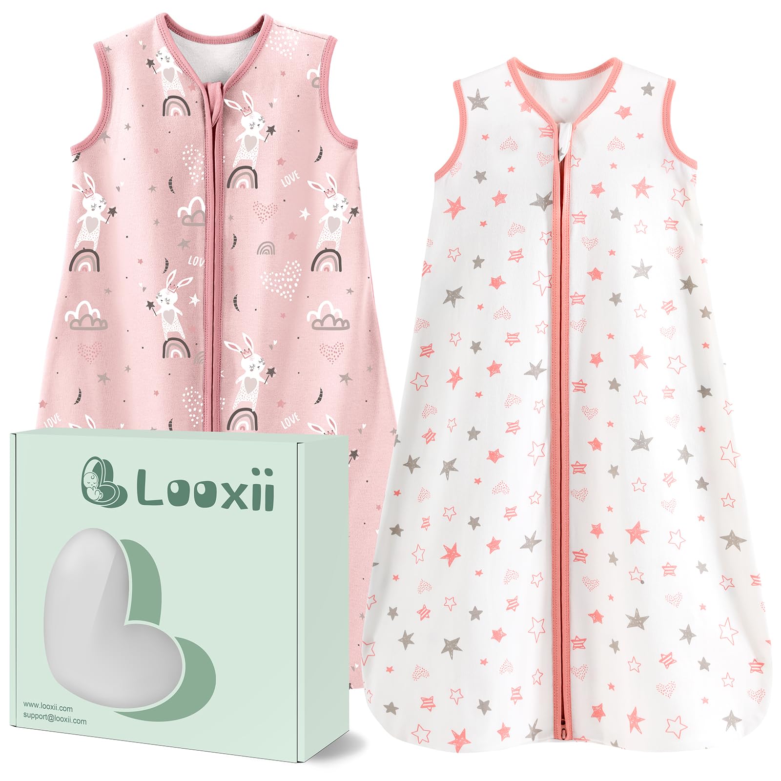 Looxii Baby Sleeping Bag 0.5 TOG 100% Cotton 2 Pack Soft Newborn Sleepsack Unisex Baby Wearable Blanket for Boys and Girls 18-24 Months - Pink & Star