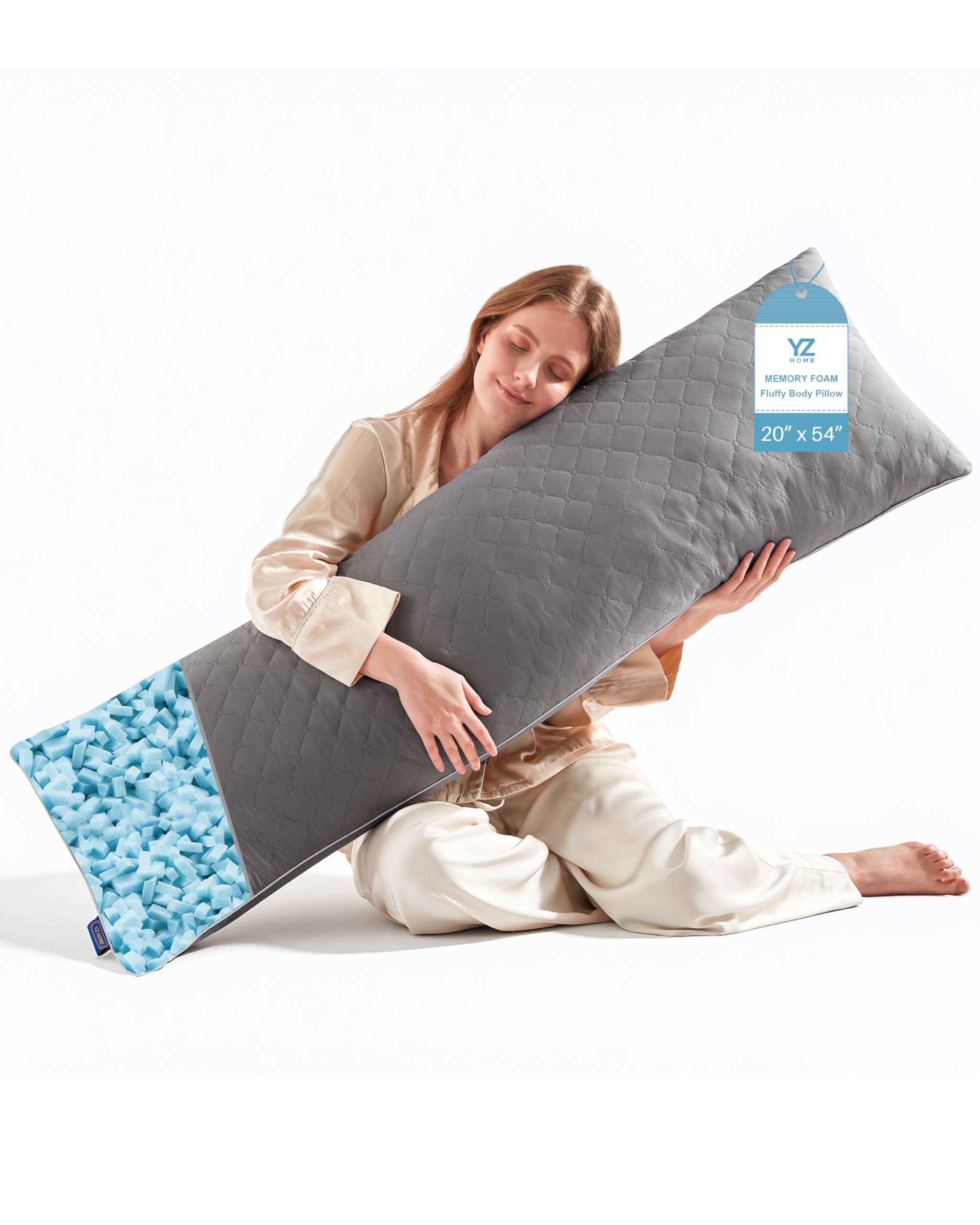 YZ HOME Long Body Pillow for Adults - Firm Body Pillow Insert with Shredded White Memory Foam, Adjustable Height, Soft Support for Side Sleeping, Pregnant Women, Washable (Grey, 20x54 Inch)