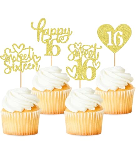Lot De 30 Décorations Pour Cupcakes « Happy 16th Birthday » à Paillettes Bleu Foncé Avec Inscription « Happy 16 Cheers To 16 Years Old Birthday » - Décorations De Gâteaux Pour Fête D'anniversaire De