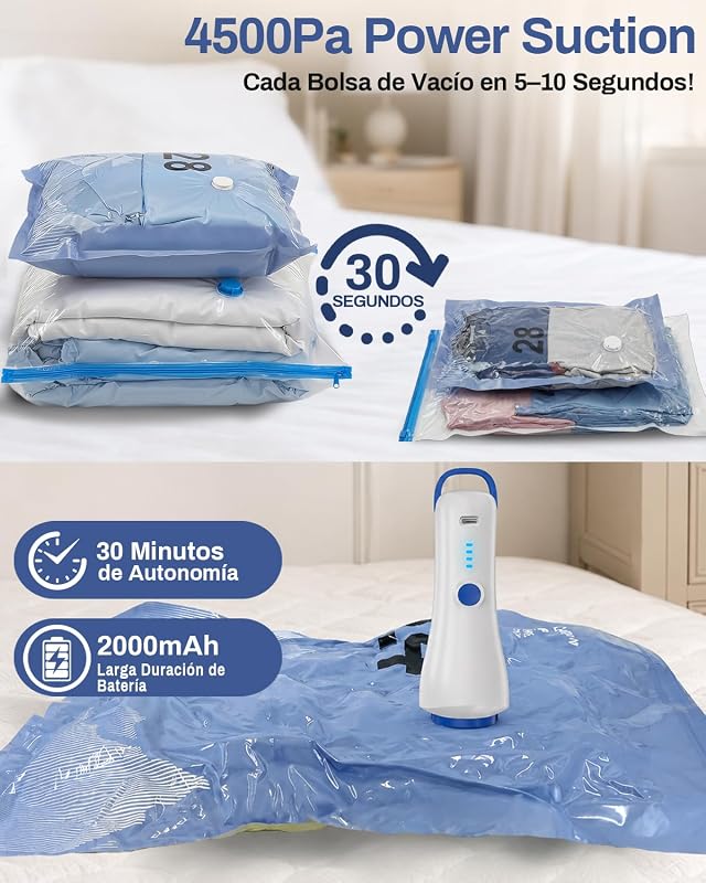 Sacos de roupa vazios com bomba elétrica, 8 sacos vazios de roupa de viagem (4 * 100x80cm, 4 * 74x54cm), para viagens, mudanças e armazenamento