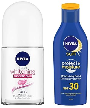 NIVEA Deodorant Roll-on, Whitening Smooth Skin, 50ml & Sunscreen Lotion, Sun Protect and Moisture (SPF 30), 125ml Combo