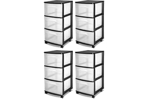 Sterilite 4-Pack 3-Drawer Rolling Plastic Storage Cart, Black Frame and Clear Drawers – Home, Office, or Dorm Portable Organizer with Removable Wheels