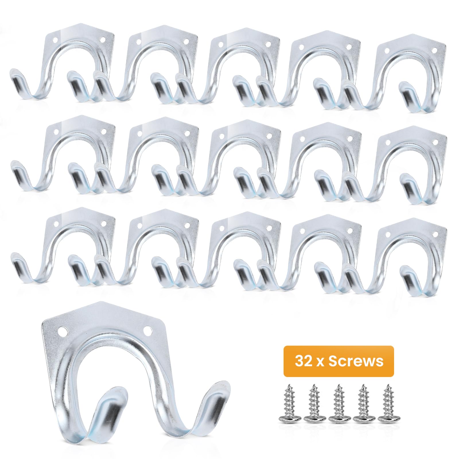 onesto 16 Pcs Tool Hook Set – Heavy Duty Galvanised Steel Garage Hooks with Fixing Screws – Ideal for Hanging Garden Tools, Shovels, Brooms & More