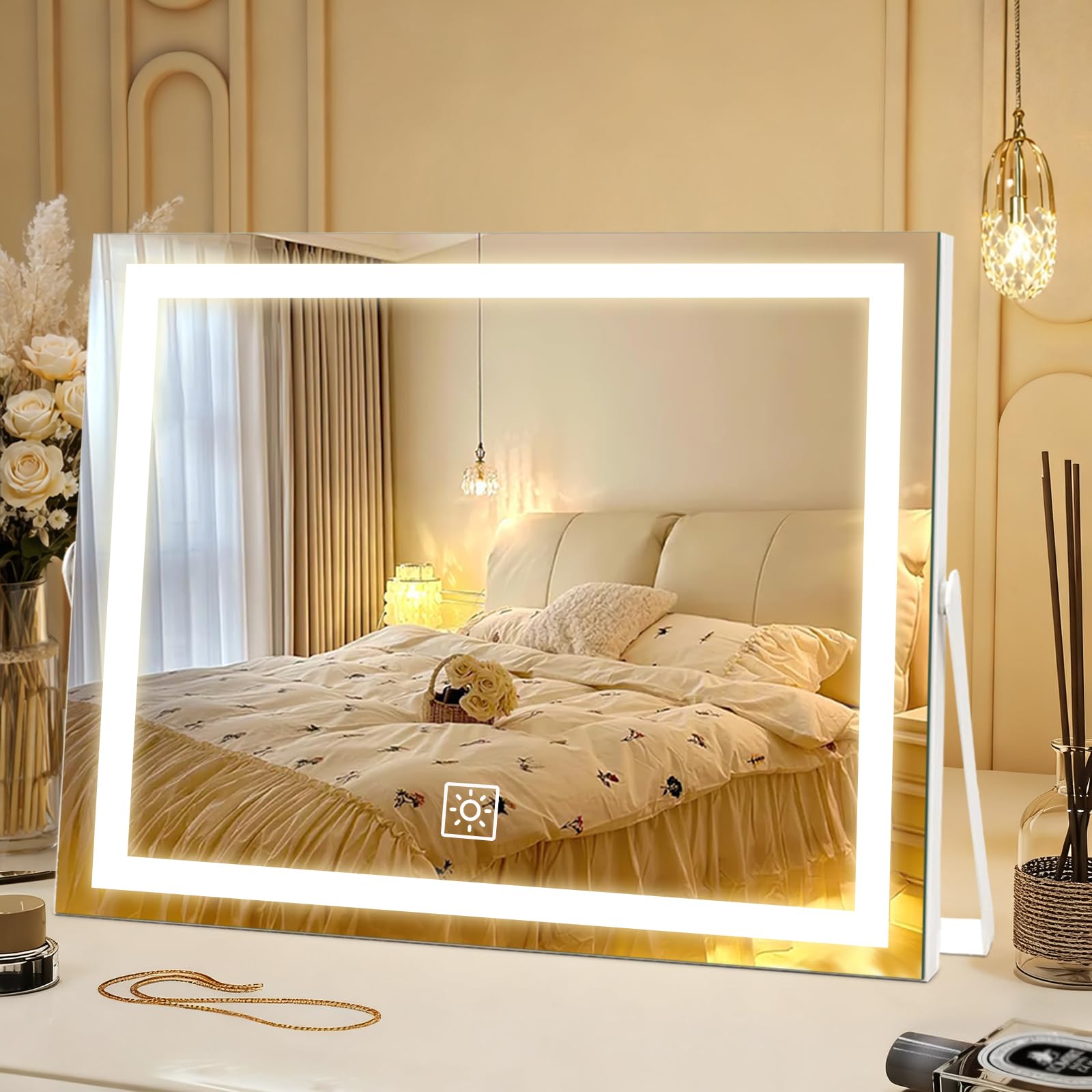 Photo 1 of 14 Inch LED Vanity Makeup Mirror with Lights, Large Metal Frame Lighted Tabletop Mirror with 3 Color Dimmable Touch Control, 360° Rotation for Bedroom Dressing Table