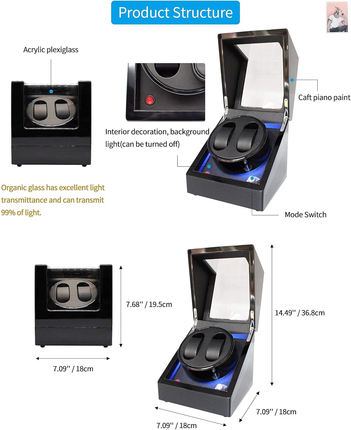 ORYX Double Watch Winders for Automatic Watches Box, Watch Rotator for 3 Sizes Watches with LED Light, Rotating Watch Case, Watch Shaker, Ac or Battery Powered Super Quiet Mabuchi Motor(Black+Black): Watches