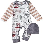 BOUTIKOME Infant Baby Boy Outfit Retro Cowboy Partner Howdy Graphic Rompers Newborn Onesie Jumpsuit Hat 2Pcs Set