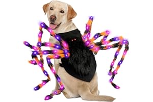 GUDELAK Dog Halloween Costumes, Furry Dog Spider Costume with 64 LED, Giant Spider Halloween Costume for Medium Large Dogs, Funny Costumes for Cat Pet Halloween Party Cosplay (Orange)
