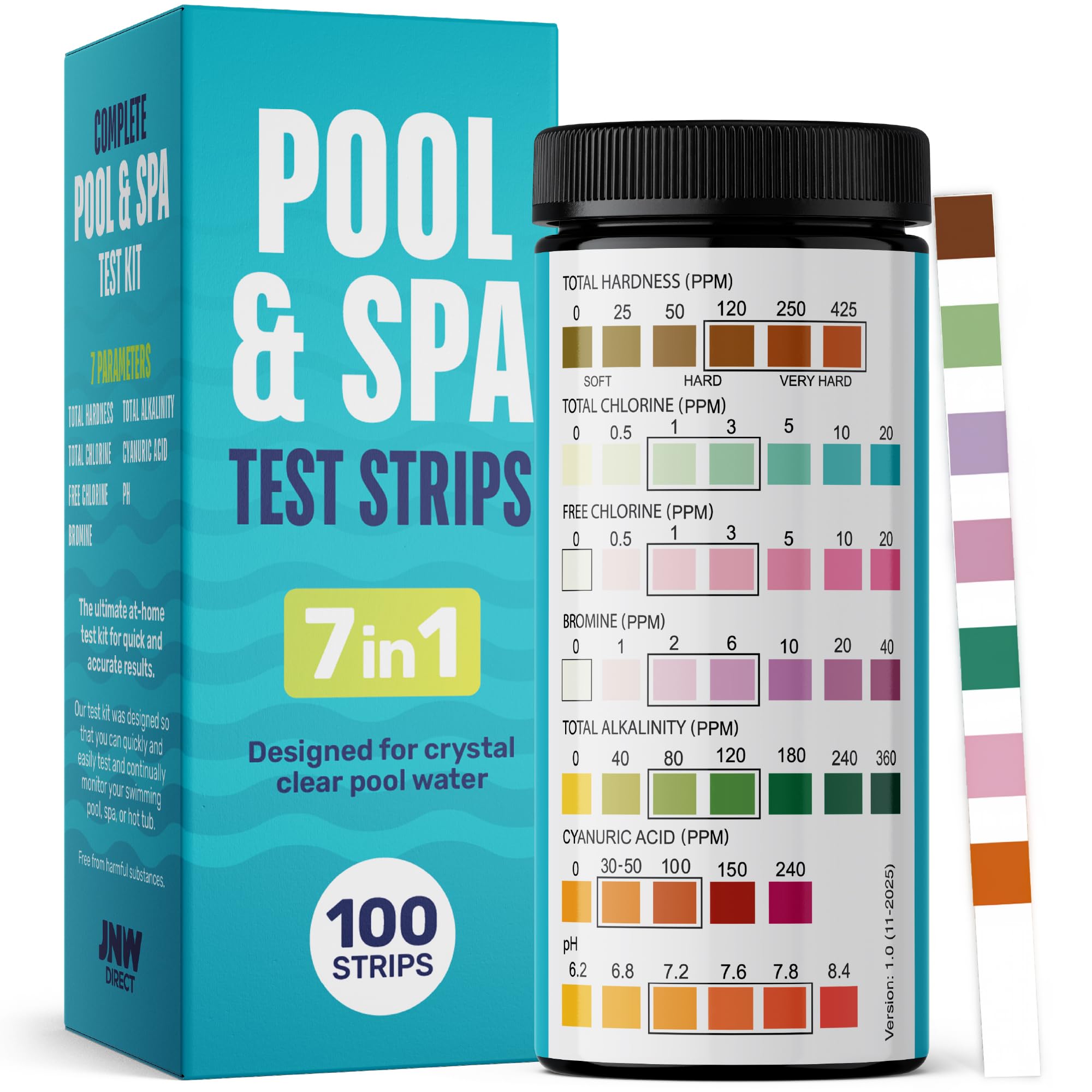 Pool and Hot Tub Test Strips - 7 in 1 Pool and Spa Test Strips, Quick and Accurate 100 Bromine, pH, Hardness, Alkalinity & Chlorine Test Strips, with Ebook - Pool Water Testing Kit - JNW Direct