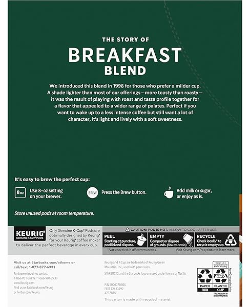 STARBUCKS BREAKFAST BLEND COFFEE K-CUPS,24 K-CUPS COUNT,(0.44 OZ EACH)