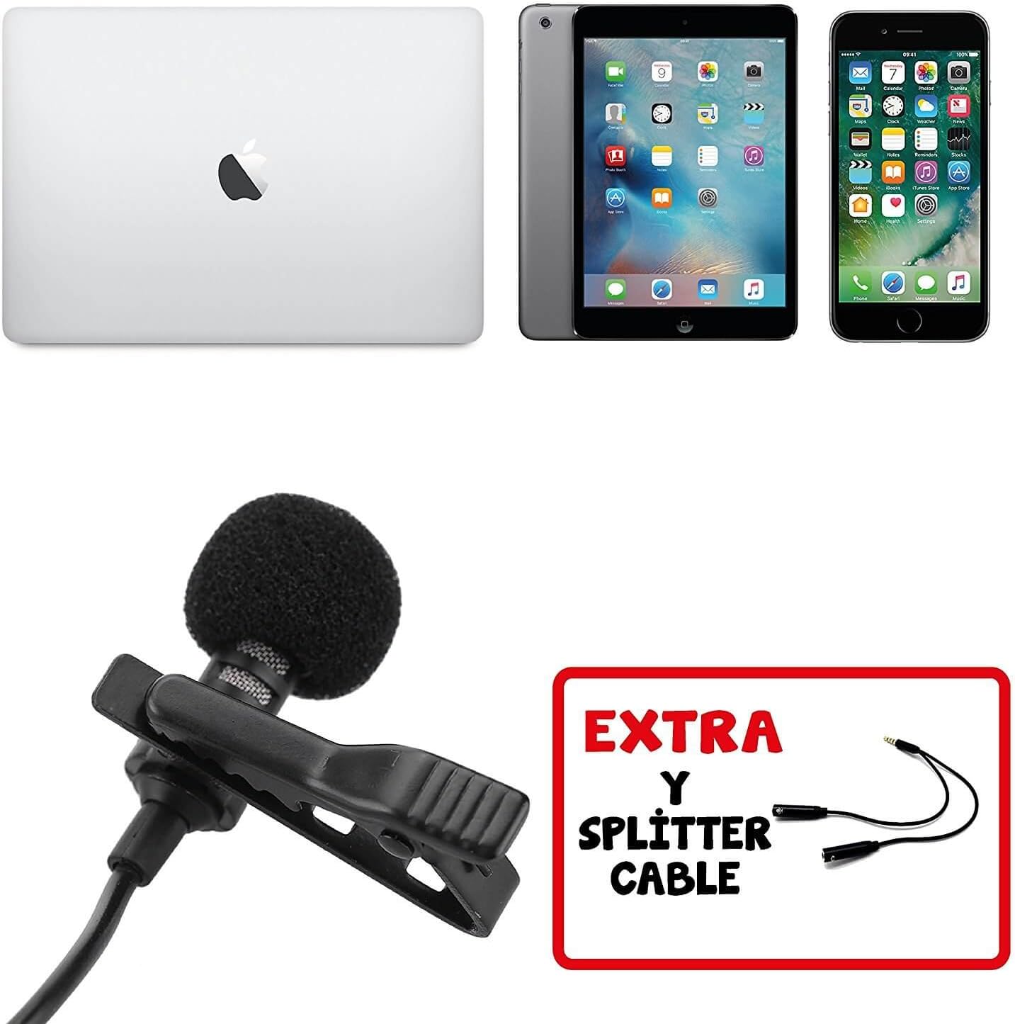 Professional Lavalier Lapel Microphone with Easy Clip On System Omnidirectional Lav Mic for Apple iPhone Android/YouTube, Podcast, Interview, Video Recording-Mic Splitter/Y Connector Cable