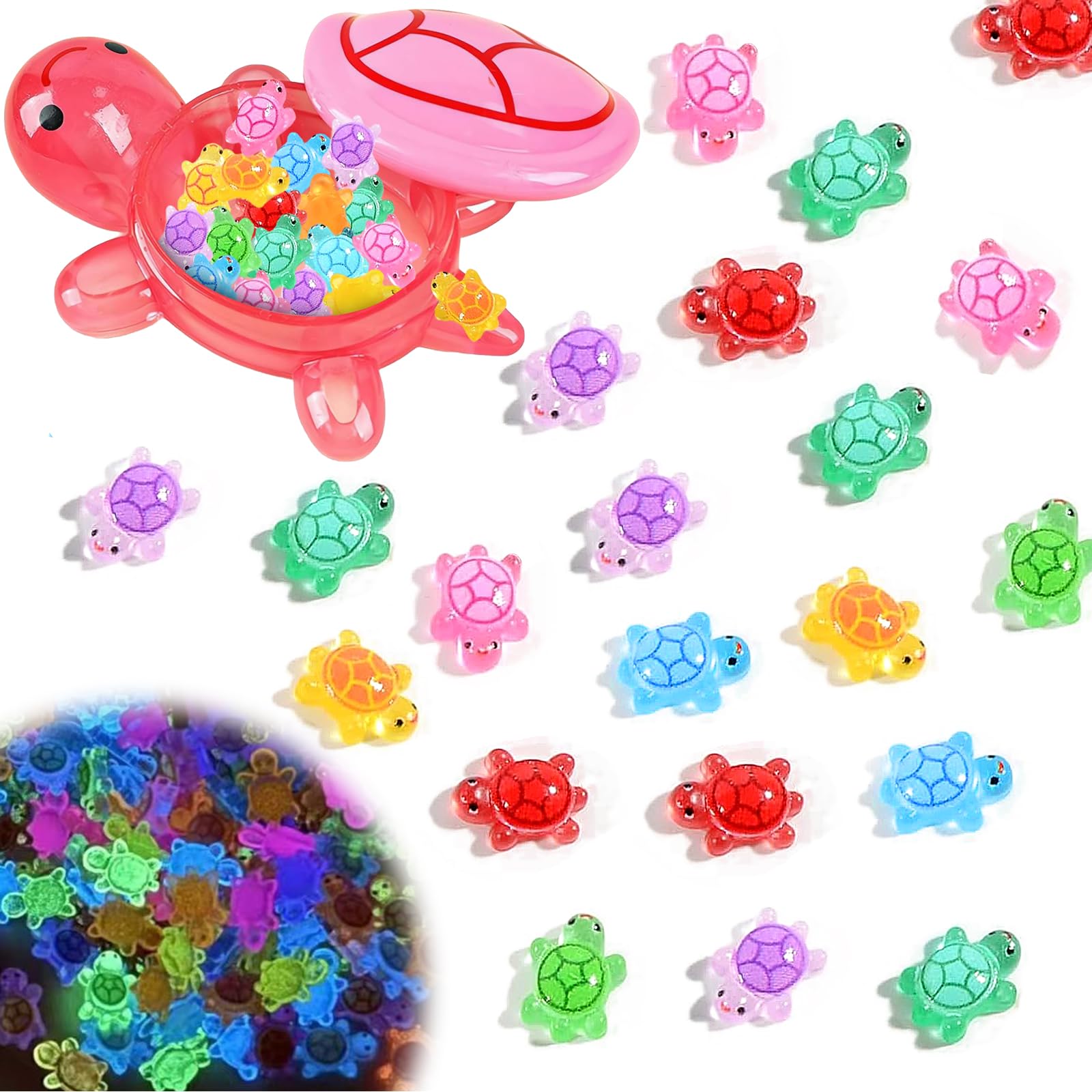 shirylzee Cute Glow-in-the-Dark Turtle Storage Box with 30pcs Mini Resin Turtle, Cartoon Turtle Box for Storing Toys Home Decor, Luminous Miniature Turtle Figurines for Decorations (Pink)