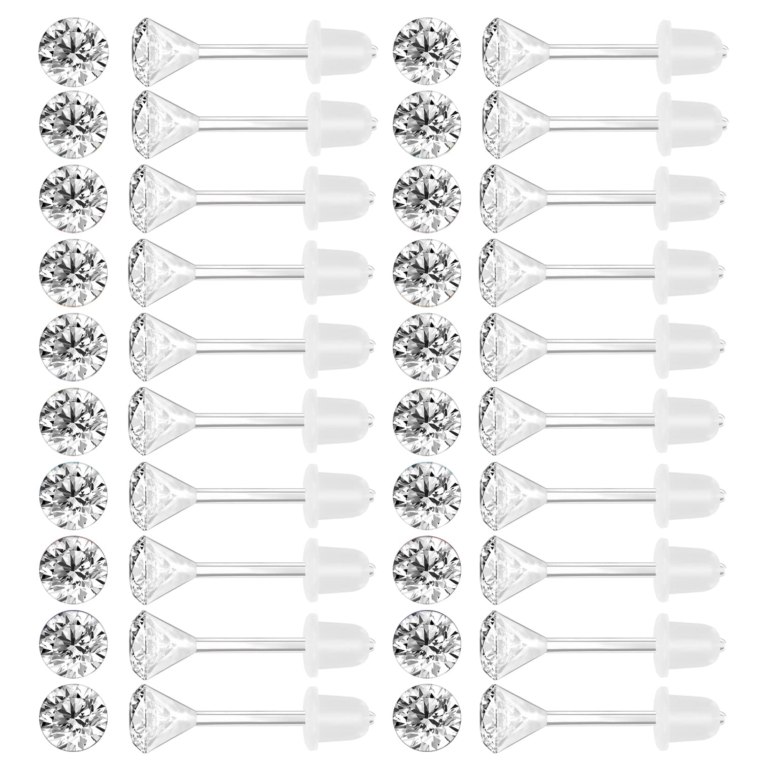 AoedeJ 40 Pcs Colorful Cubic Zirconia Studs With Plastic Post - Hypoallergenic Earrings for Girls Women (White 5mm)