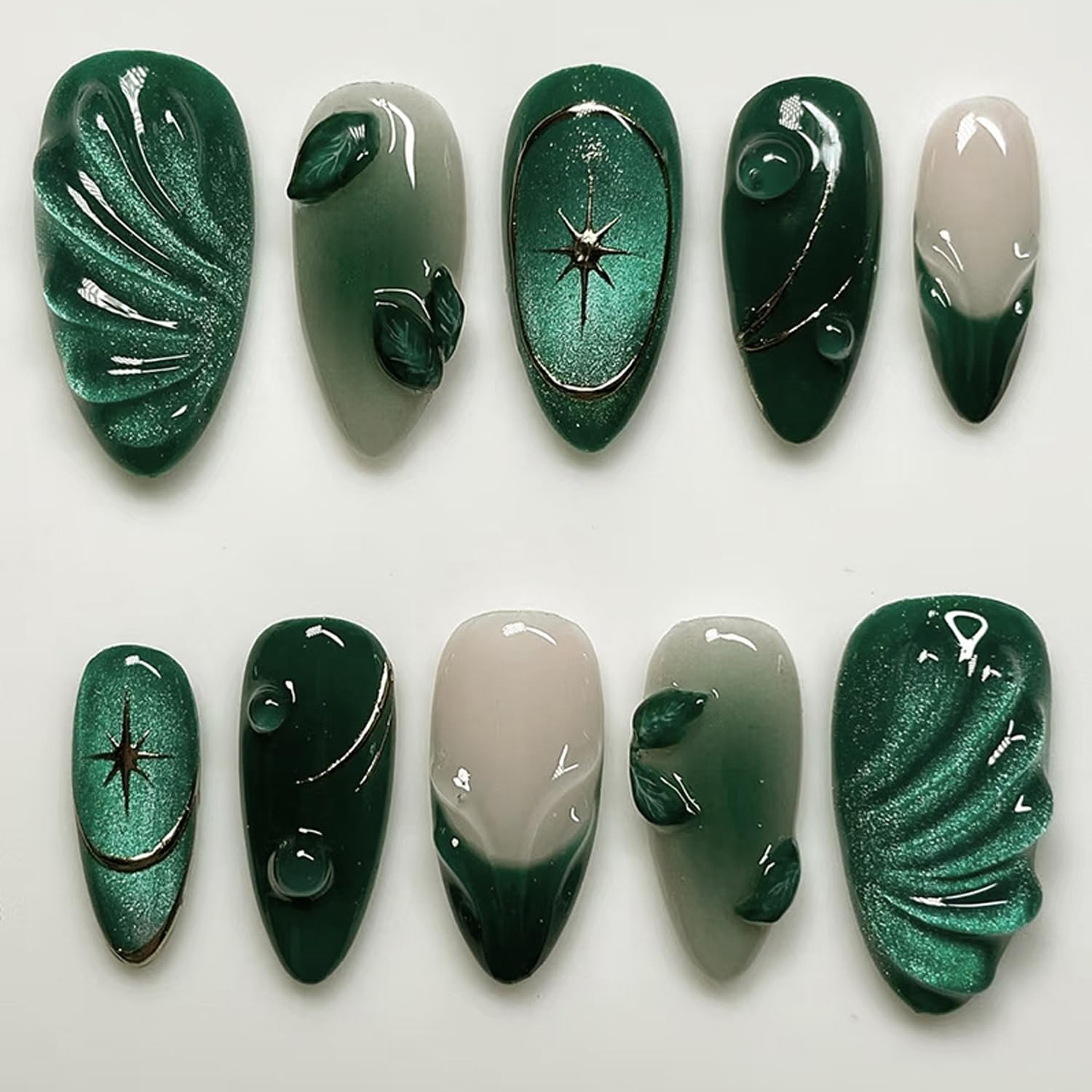 Photo 1 of 24Pcs Green Press on Nails Medium Almond Fake Nails with Green Ripple French Cat Eye Design Handmade Stick on Nails Glitter Full Cover Artificial Nails for Women DIY Manicure Daily Wear