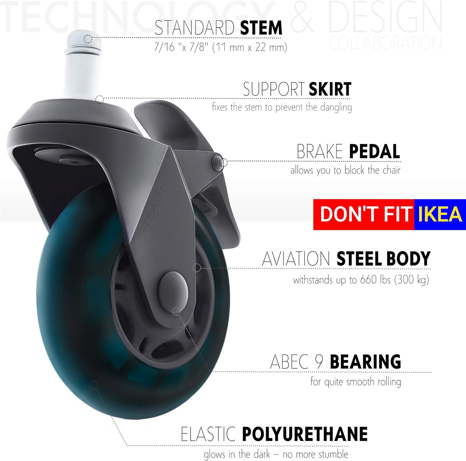 STEALTHO Patented Replacement Office Chair Caster Wheels Set of 5 - Protect Your Floor - Quiet Rolling Over Cables - No More Chair Mat Needed - with Brakes - Blue Polyurethane - Standard Stem 7/16 : Office Products