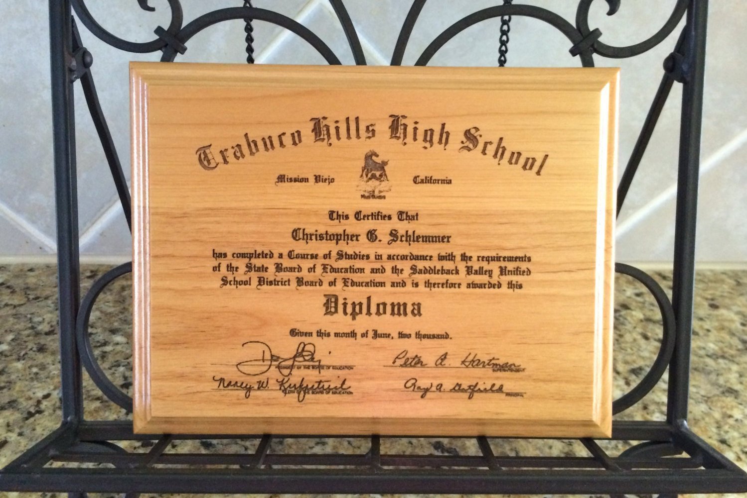 Graduation Diploma Alder Wood Plaque Laser Engraved 7 x
