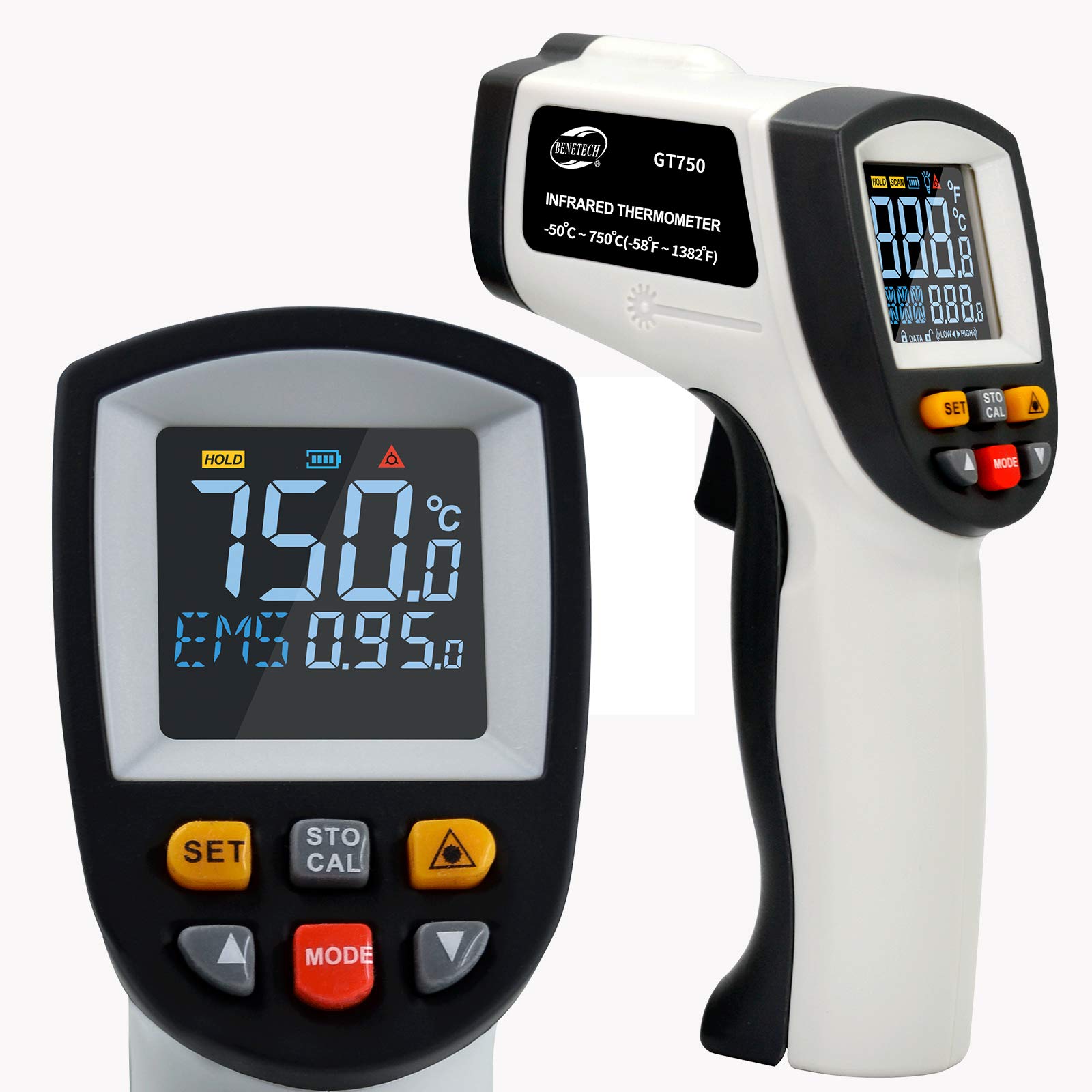 BENETECH Infrared Thermometer Gun, -58℉~1382℉(-50℃~750℃) Non-Contact Digital Laser IR Temperature Gun, Colorful LCD Screen,Adjustable Emissivity for Cooking,Pizza Oven,BBQ, Candy,Not for Humans